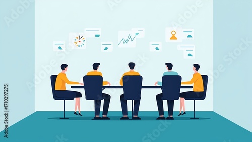 Team collaboration meeting office space digital illustration professional environment overhead view strategic planning