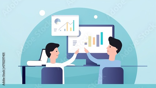 Collaborative data analysis between colleagues in a modern office setting digital illustration engaging and informative environment