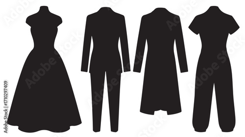 Collection of black clothing silhouettes including dress suit coat and jumpsuit on white background