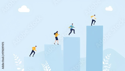 Team progressing on bar graphs office setting infographic professional growth motivational concept