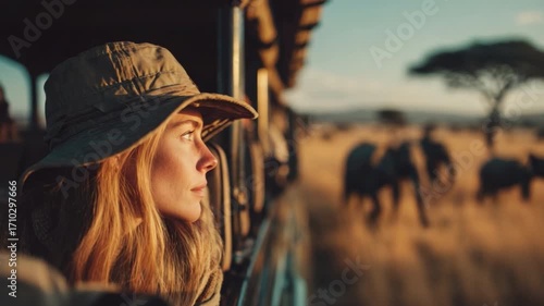 Young Woman Observes Wildlife from Safari Vehicle Under Sunset Light in African Savanna with Elephants in Background