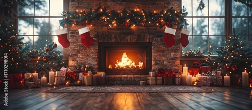 Cozy Christmas fireplace scene with presents, stockings, and trees.