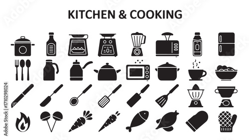 Black and white vector icons representing kitchen appliances and cooking utensils for culinary use