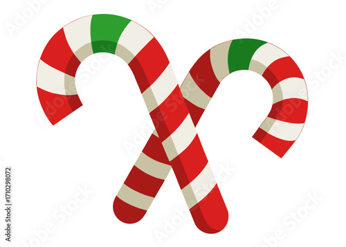 Two crossed candy canes with red and white stripes and green detail