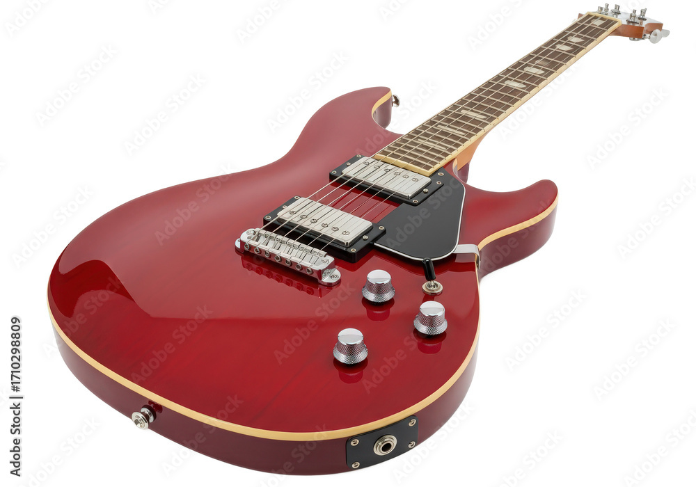 Fototapeta premium Glossy red electric guitar with chrome hardware positioned on a neutral background, ideal for music themes