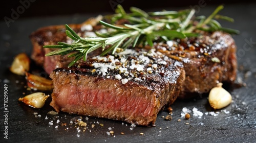 Perfectly cooked steak with rosemary and garlic on a dark surface, a culinary masterpiece that tantalizes the senses