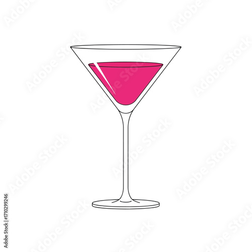 A detailed line drawing of a martini glass filled with a vibrant pink liquid.
