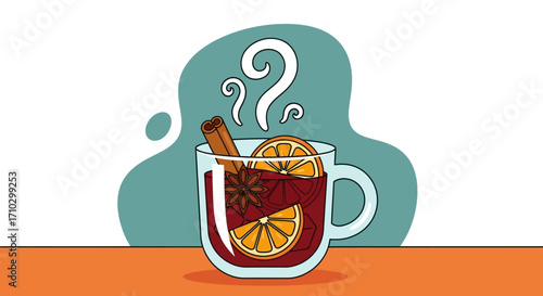 A glass of mulled wine with spices and orange slices.