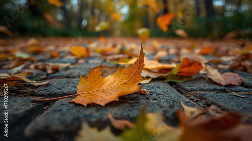 Autumn leaves falling to the ground, created with Generative AI.