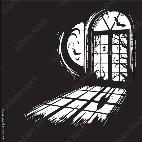 Black Spooky Window Shadow Silhouette Vector Illustration design, Solid White Background