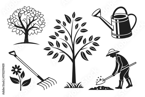 Gardening tools and elements with trees and a gardener planting
