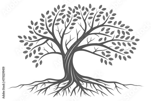Stylized tree with visible roots and leaves in silhouette
