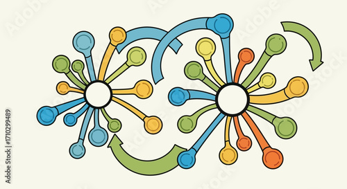 Abstract illustration of two interconnected network hubs with arrows.