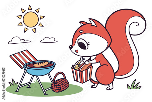 Cute cartoon squirrel having a picnic and grilling food on a sunny day