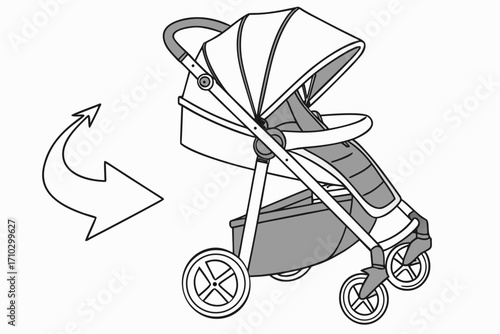 Baby stroller illustration with directional arrow for assembly or movement