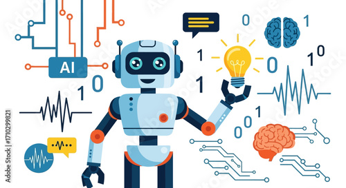 Artificial Intelligence Robot with Light Bulb and Brains.