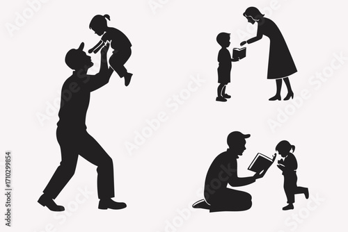 Silhouettes of families enjoying quality time together and reading books