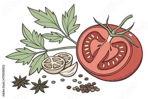 Fresh tomato cut in half with herbs and spices illustration