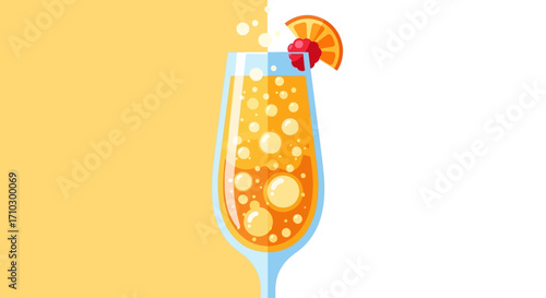 Bubbly orange cocktail in a champagne flute with fruit garnish.