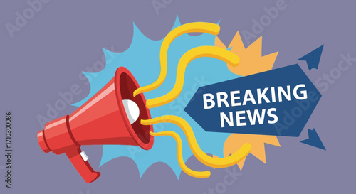 Breaking News Announcement with Megaphone and Graphic Elements for Urgent Updates.