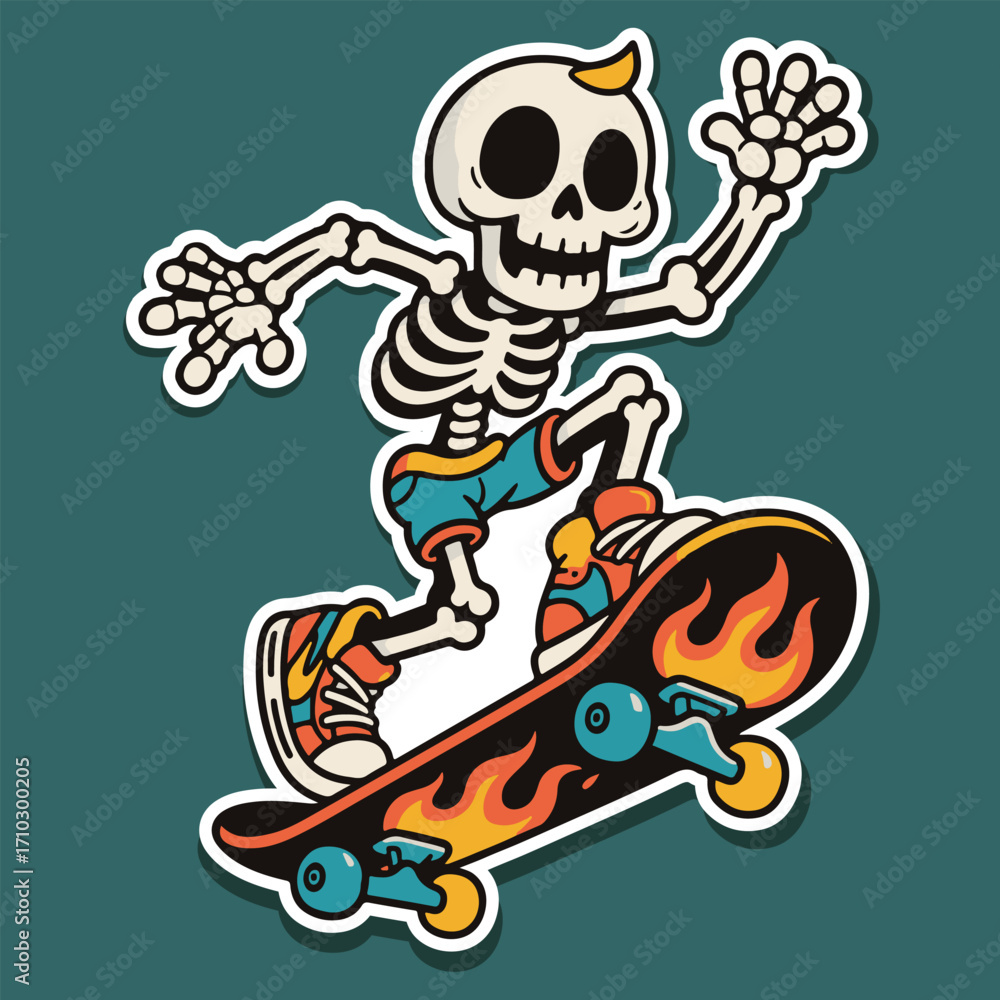 Fototapeta premium Cartoon Skeleton Skateboarding on Flaming Skateboard Vector Illustration