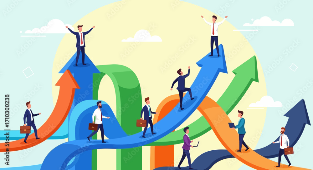 Fototapeta premium Business People Climbing Upward Arrows Representing Career Growth.