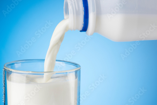 Pouring Milk from Bottle to Glass on Blue Background