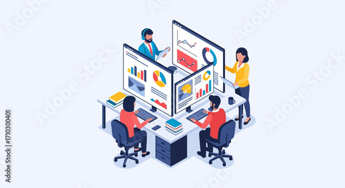 Business Team Collaborating on Data Analysis with Multiple Monitors.