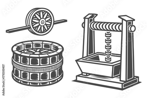 Collection of vintage well components and water lifting mechanism