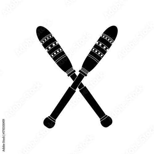 Two black juggling clubs are crossed in the center of a white background, creating an 'X' shape.