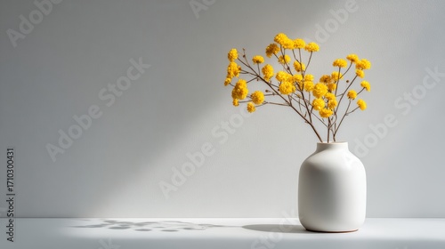 Minimalist white vase with bright yellow flowers on sunlit surface