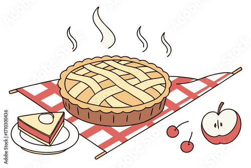 Delicious homemade apple pie with a slice and fresh fruit on a picnic blanket