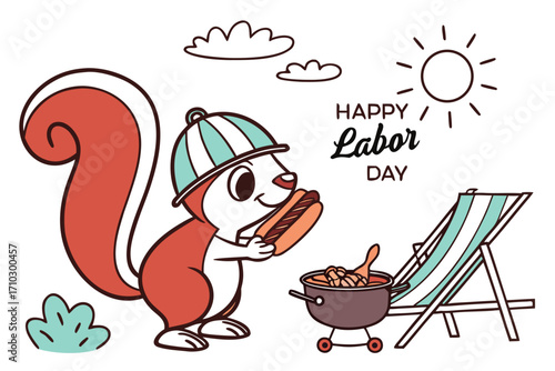 Cute squirrel celebrating labor day with a hot dog and barbecue