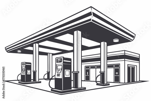 Modern gas station building with fuel pumps and canopy