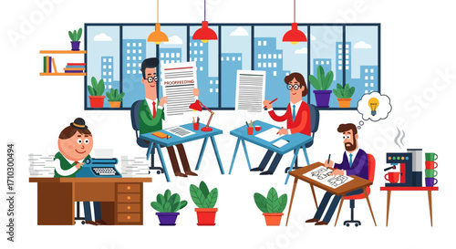 Cartoon illustration of office workers engaged in various business tasks.