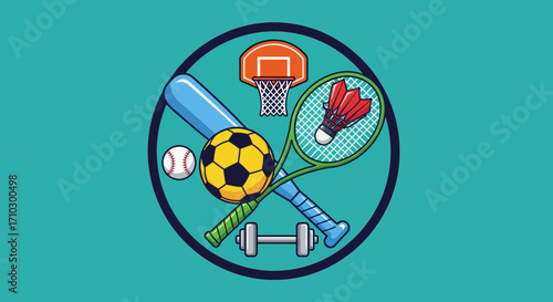 Cartoon illustration of various sports equipment in a circle.