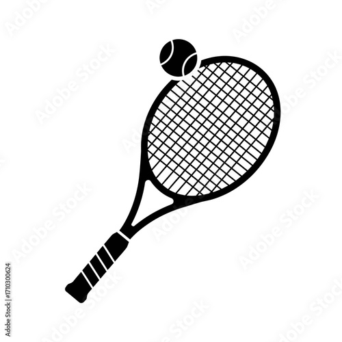 Black and white illustration of a tennis racket with a tennis ball.
