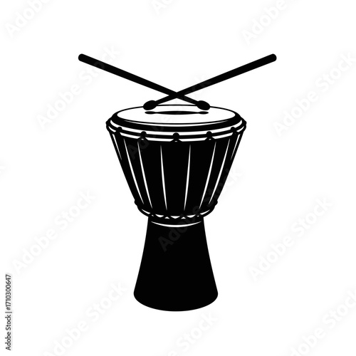 Black and white illustration of a djembe drum with sticks.