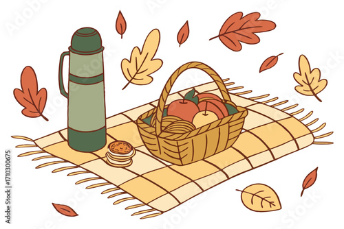 Autumn picnic with basket of apples and thermos on checkered blanket