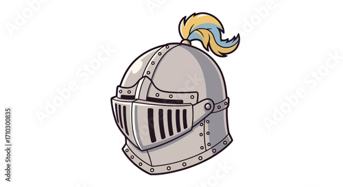 A Cartoon Knight's Helmet with Detailed Visor and Decorative Plume Illustration