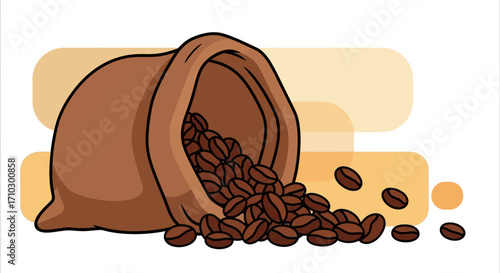 Coffee Beans Overflowing from a Burlap Sack, Rich Aroma, Freshly Roasted.