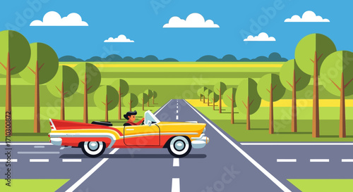 Classic convertible car with driver on a scenic road trip.