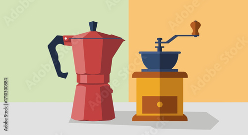 Coffee maker and grinder, kitchen tools.
