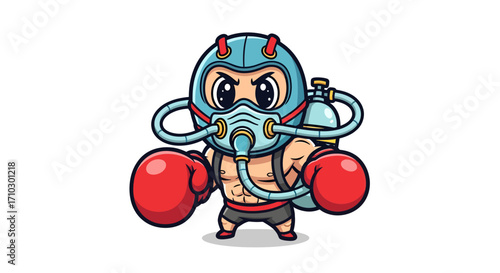 Animated cartoon mascot character dressed as boxer with respirator and ready to fight
