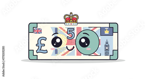 Animated five pound note with flag, symbols and a royal crown for children