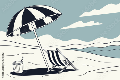 Beach scene with striped umbrella deck chair and drink under a cloudy sky