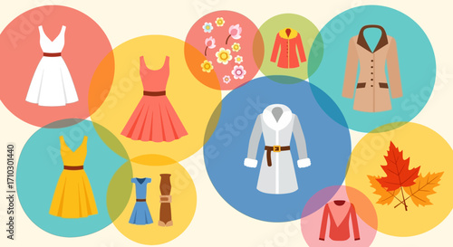 Collection of diverse seasonal clothing and fashion apparel.