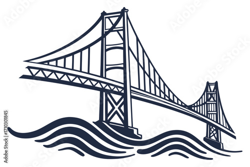 Stylized illustration of a suspension bridge over wavy water