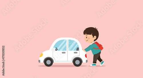 Cartoon illustration of a young boy with a backpack pushing a small white car toy with