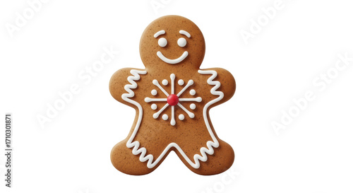 Isolated happy gingerbread man cookie with holiday frosting and winter decoration